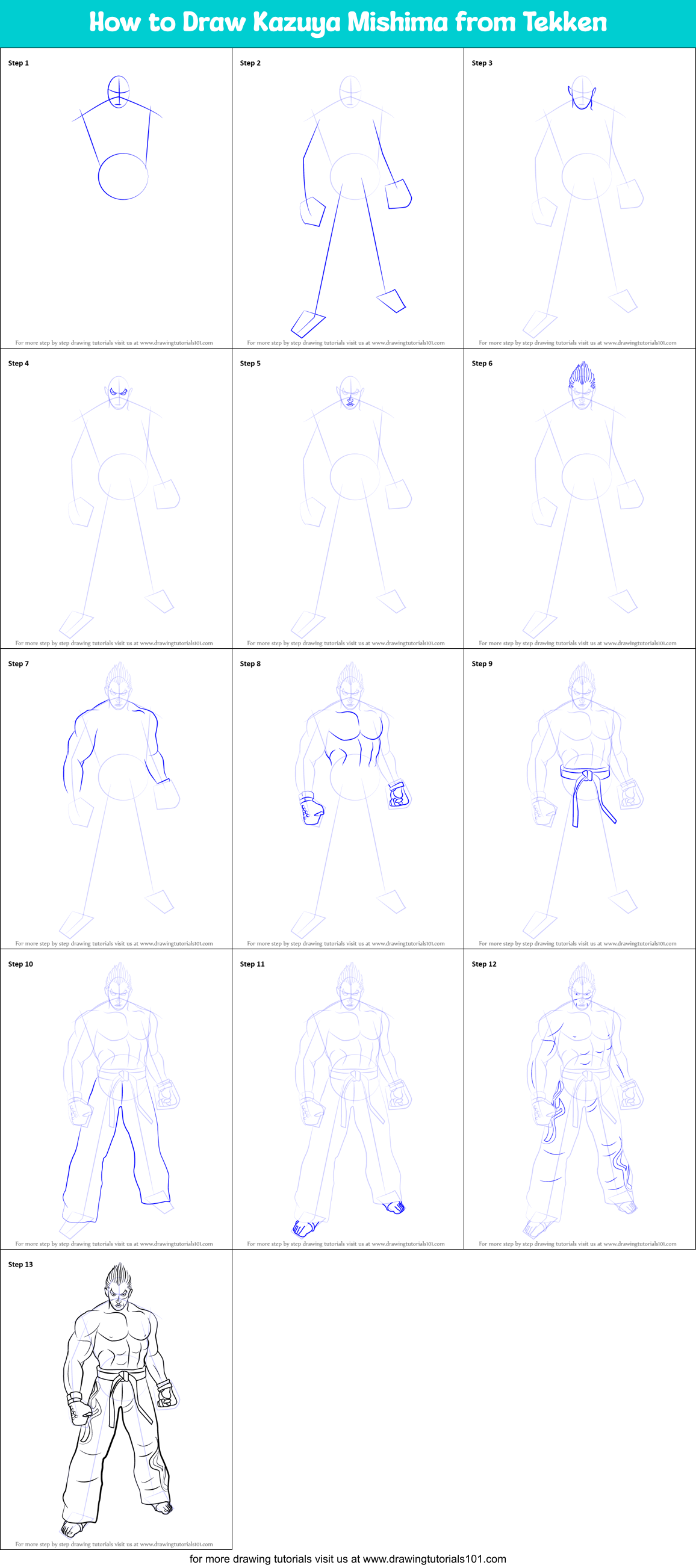 How to Draw Kazuya Mishima from Tekken printable step by step drawing ...