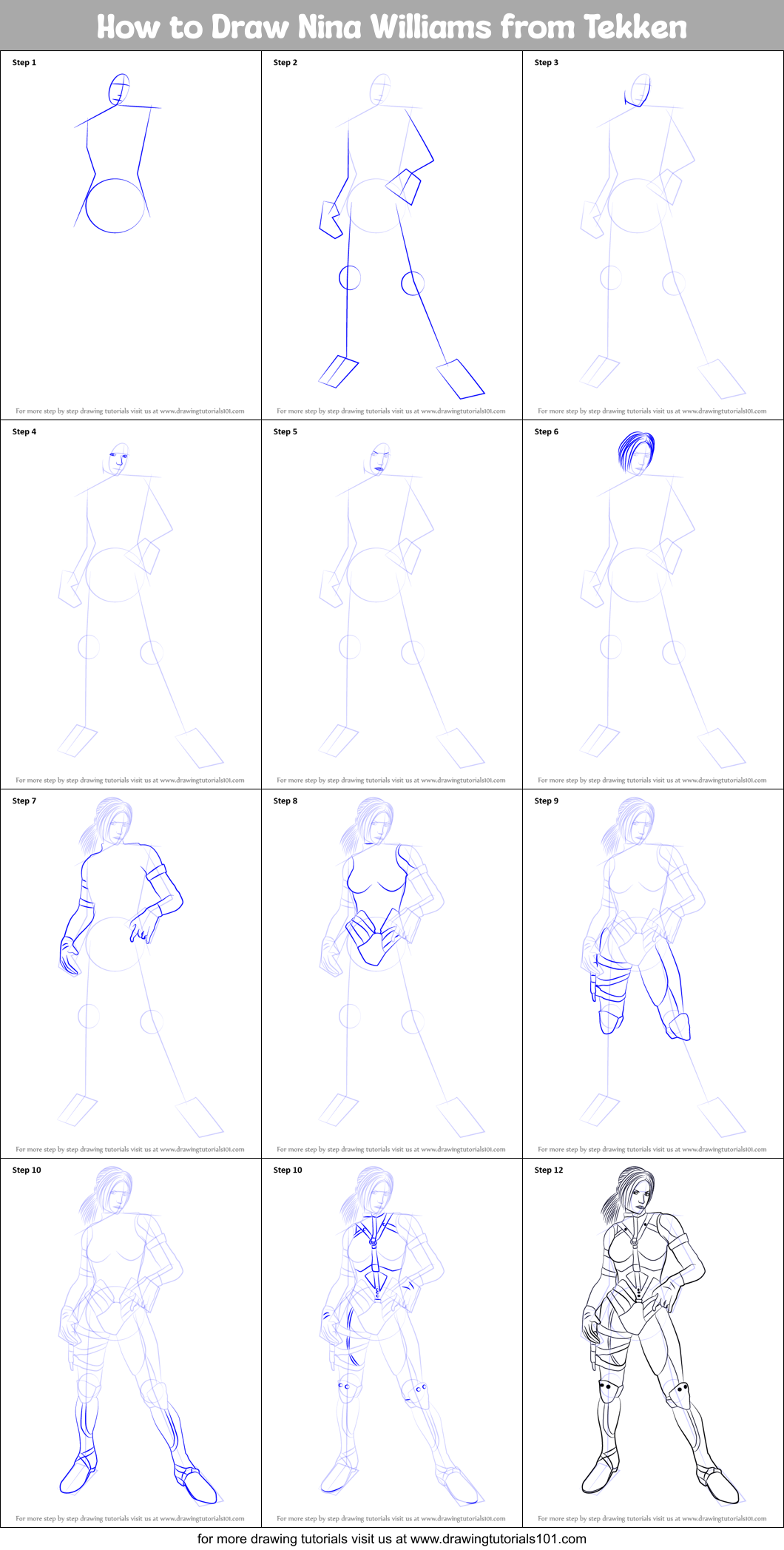 How to Draw Nina Williams from Tekken printable step by step drawing ...