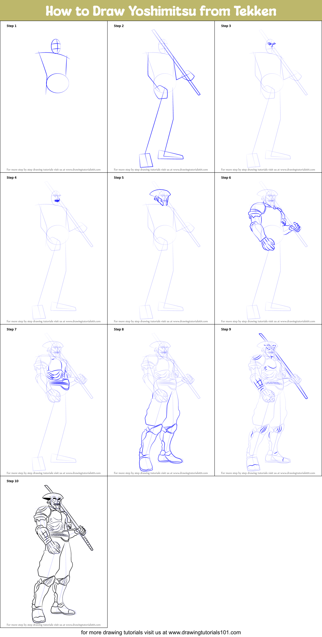 How to Draw Yoshimitsu from Tekken printable step by step drawing sheet ...