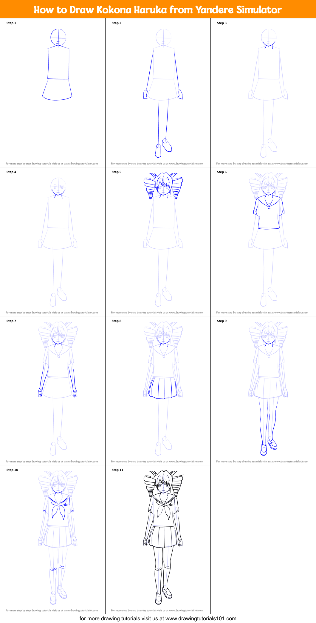 How to Draw Kokona Haruka from Yandere Simulator printable step by step