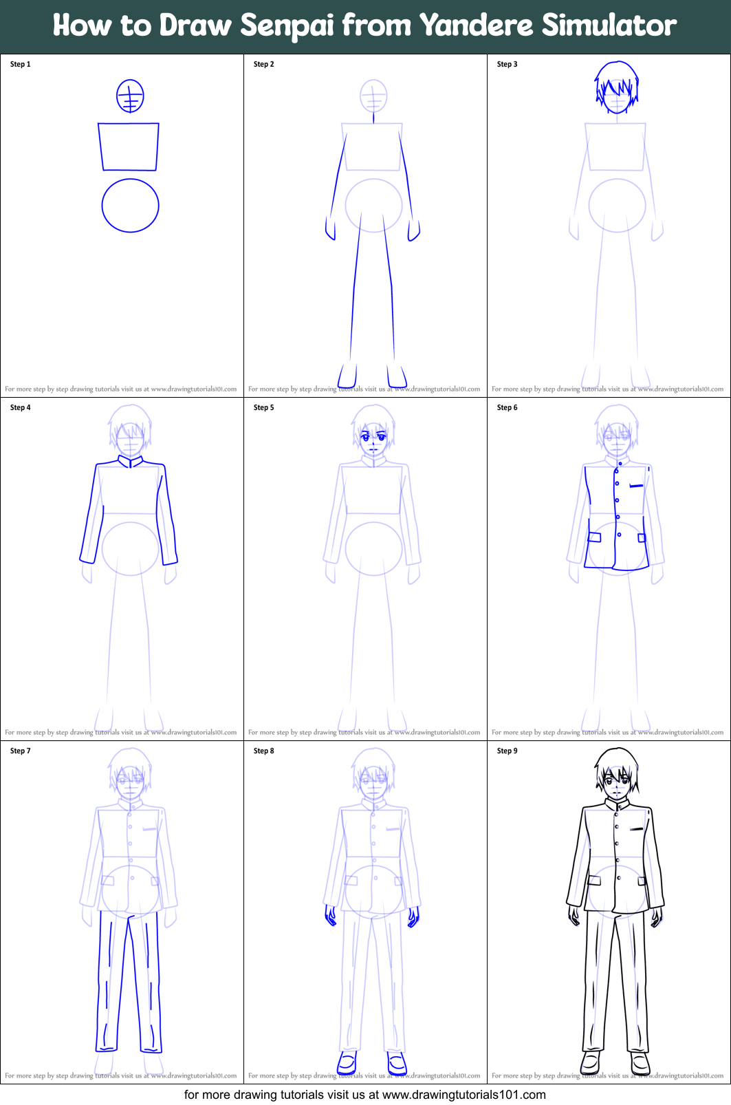 How to Draw Senpai from Yandere Simulator printable step by step ...