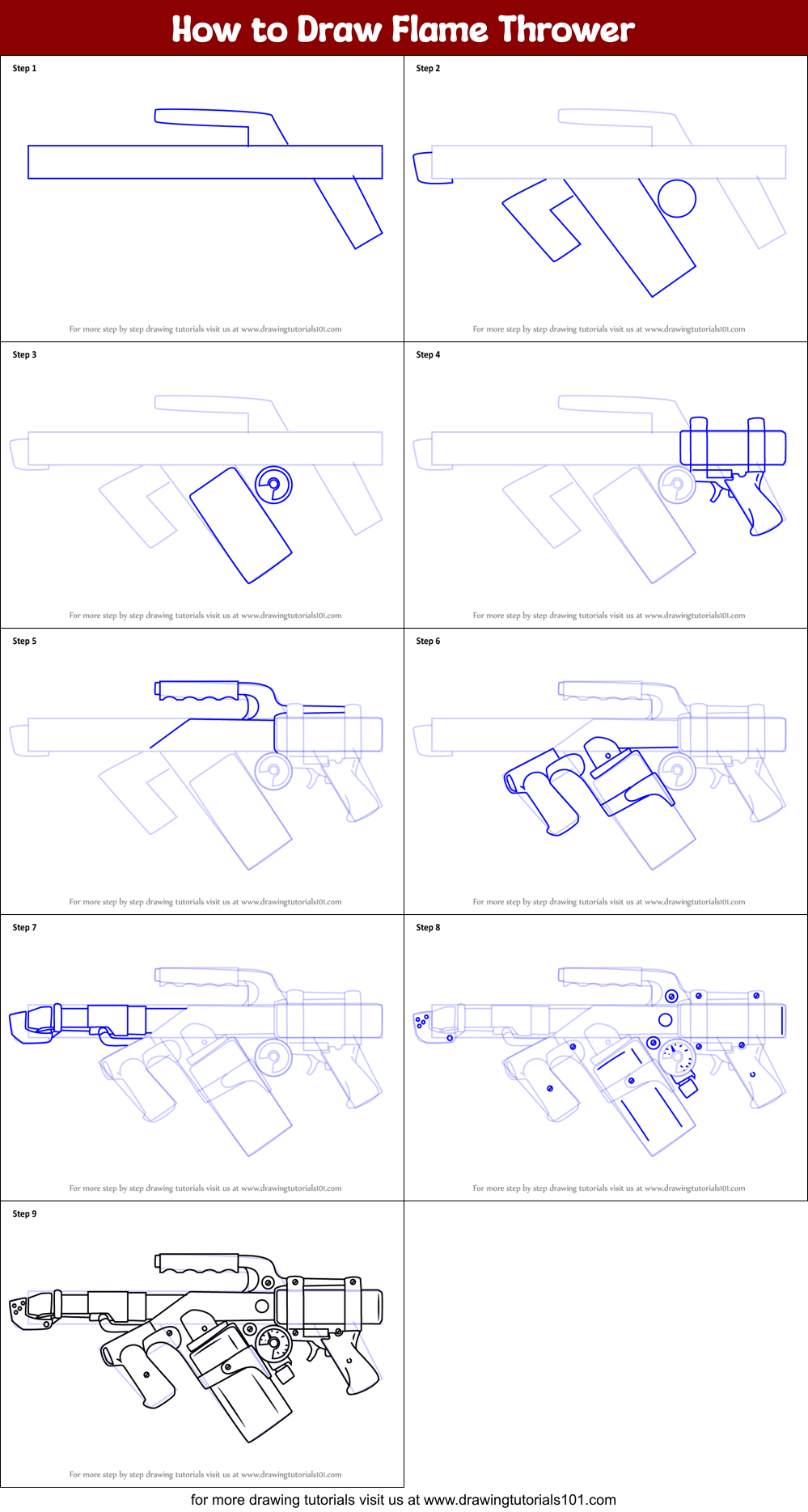 How to Draw Flame Thrower printable step by step drawing sheet ...